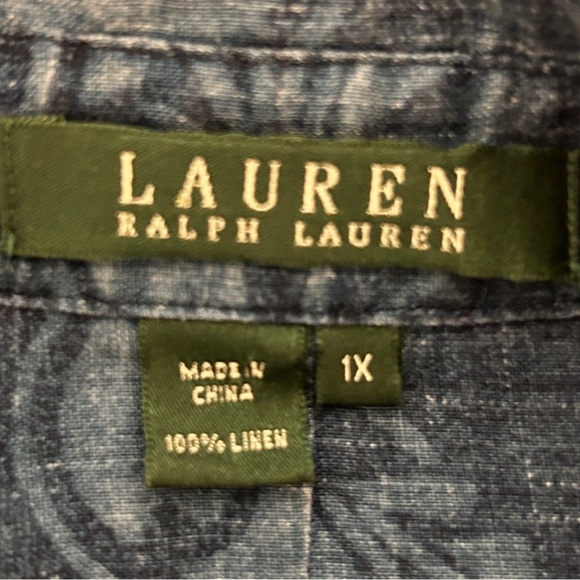 Lauren Ralph Lauren Women's 1X Blue Floral Button-Up Shirt 3/4 sleeve 100%Linen - Picture 5 of 11
